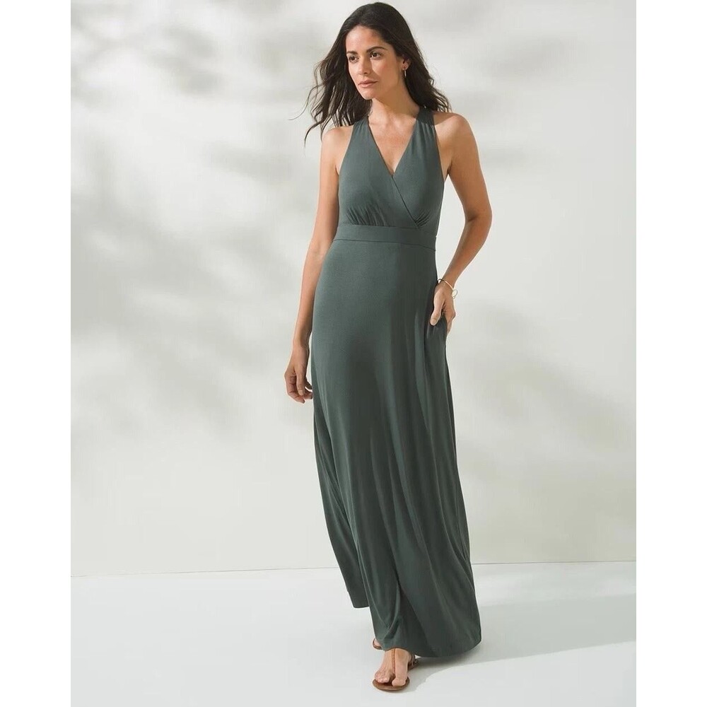 Soma WKND Dress XL Green Maxi Surplice Wrap Front Tie Back Sleeveless Jersey